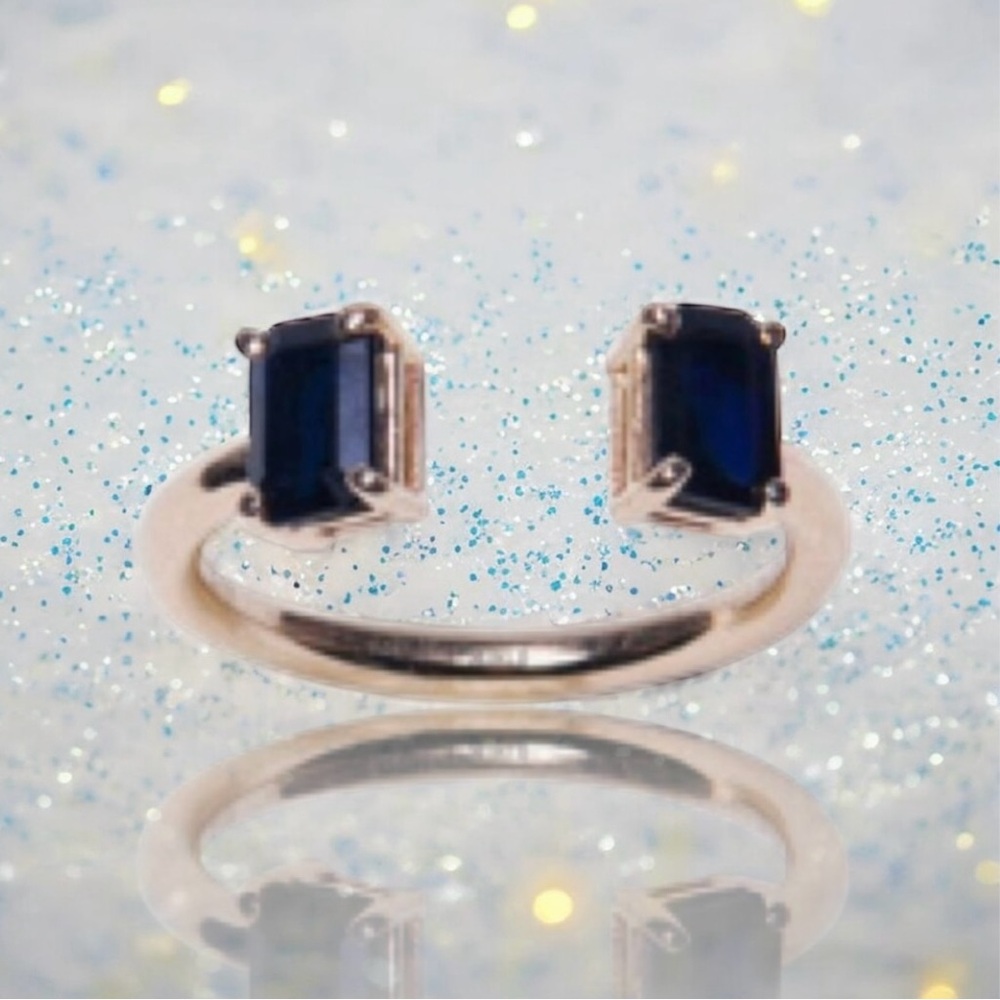 💕Mirlo NY Black Sapphire Two Emerald Cut Prong Set "Open Ring" 14K YG • 5.5~6.5
